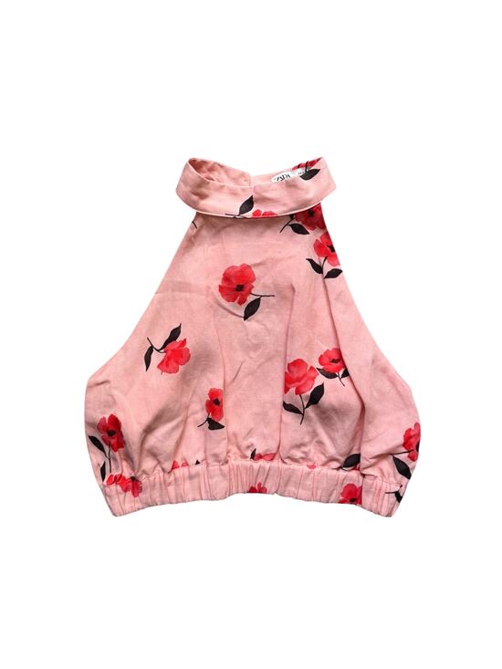 Zara Tops - ZARA Pink Halter Crop Top High-Neck Linen-Blend Pink Floral - NWT - Size Med